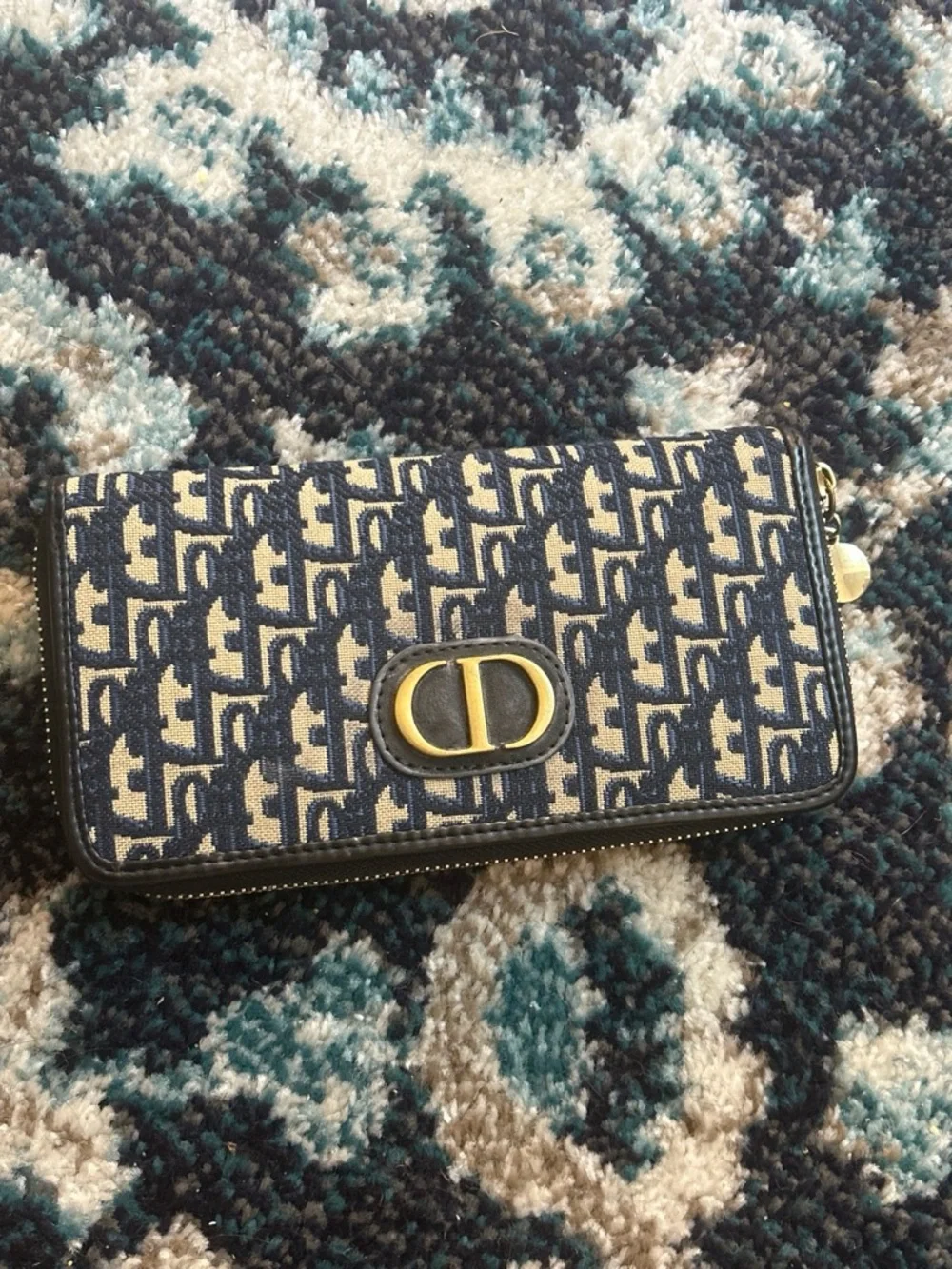 Dior Navy and Cream Jacquard Zip Wallet with Gold Logo